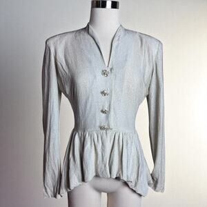 Vintage 1940s Lurex Metallic Button Top Blouse Peplum Hem White Gold Threads